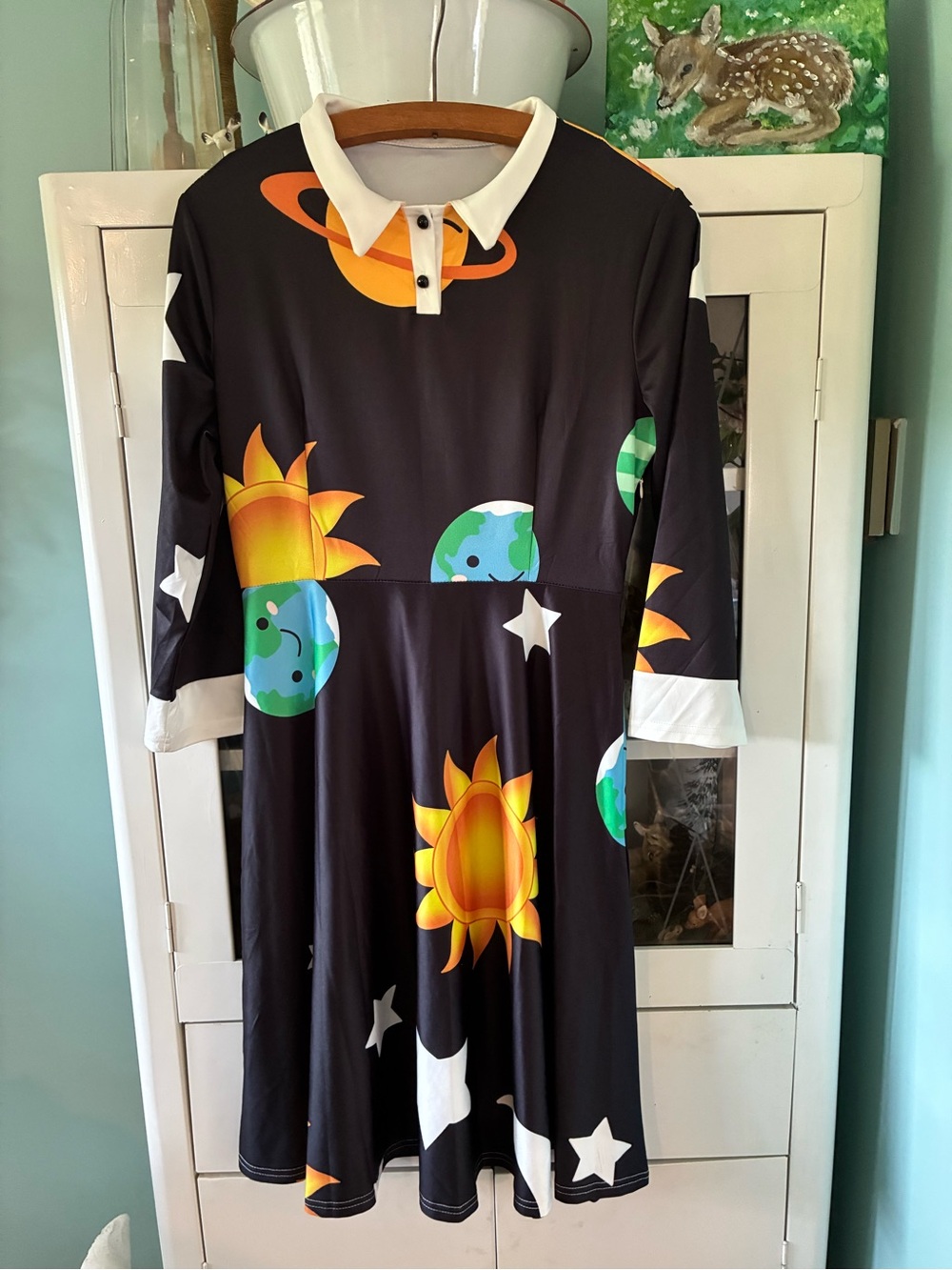 Die Die Fashion Black Solar System Print Dress with White Collar sz M